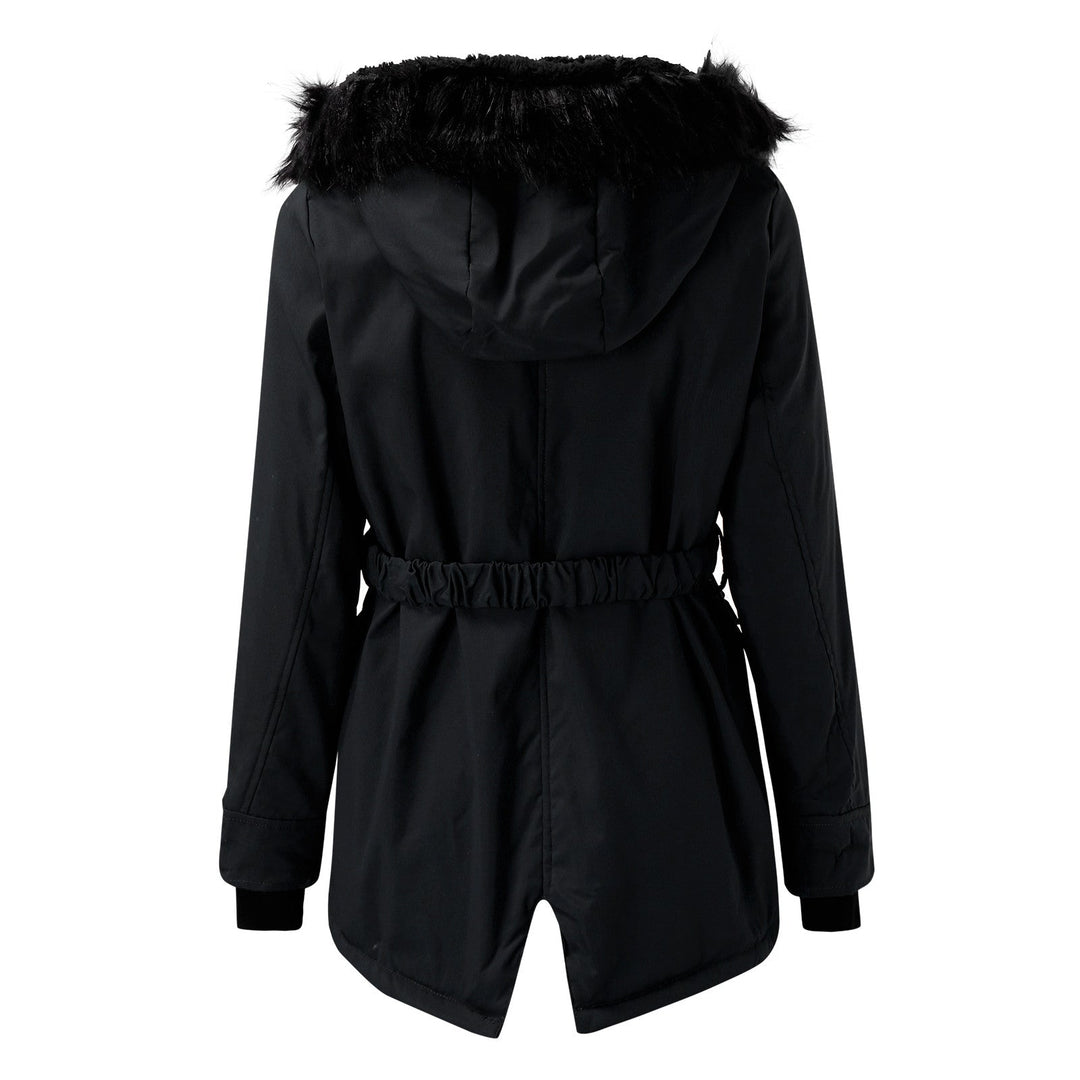 Women's winter coat in burgundy, hooded with faux fur, warm outerwear, long sleeve casual jacket.