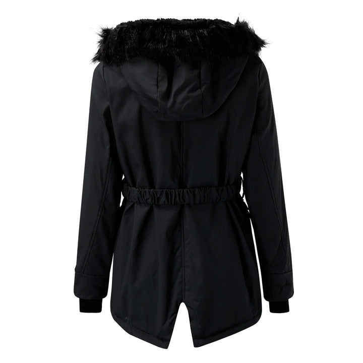 Women's winter coat in burgundy, hooded with faux fur, warm outerwear, long sleeve casual jacket.