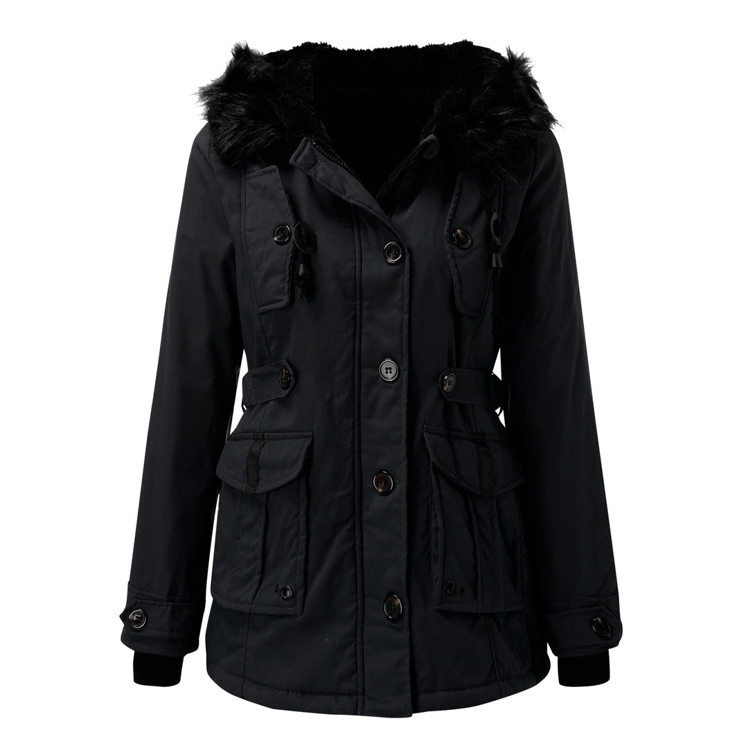 Side view of a women's thick warm hooded winter coat, ideal for cold weather, fashion jacket.