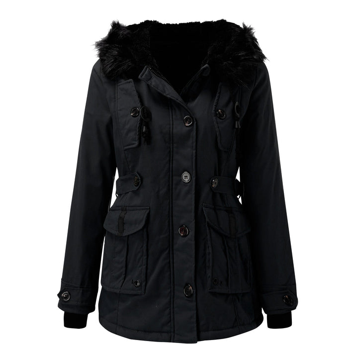 Side view of a women's thick warm hooded winter coat, ideal for cold weather, fashion jacket.