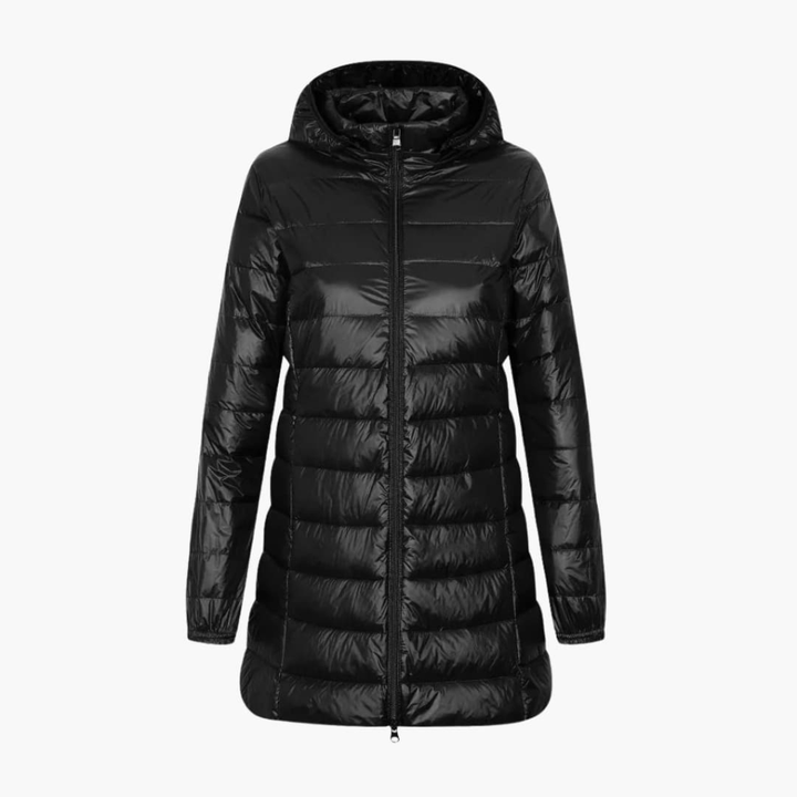Women's warm long winter jacket with hood, ideal for cold weather outerwear.