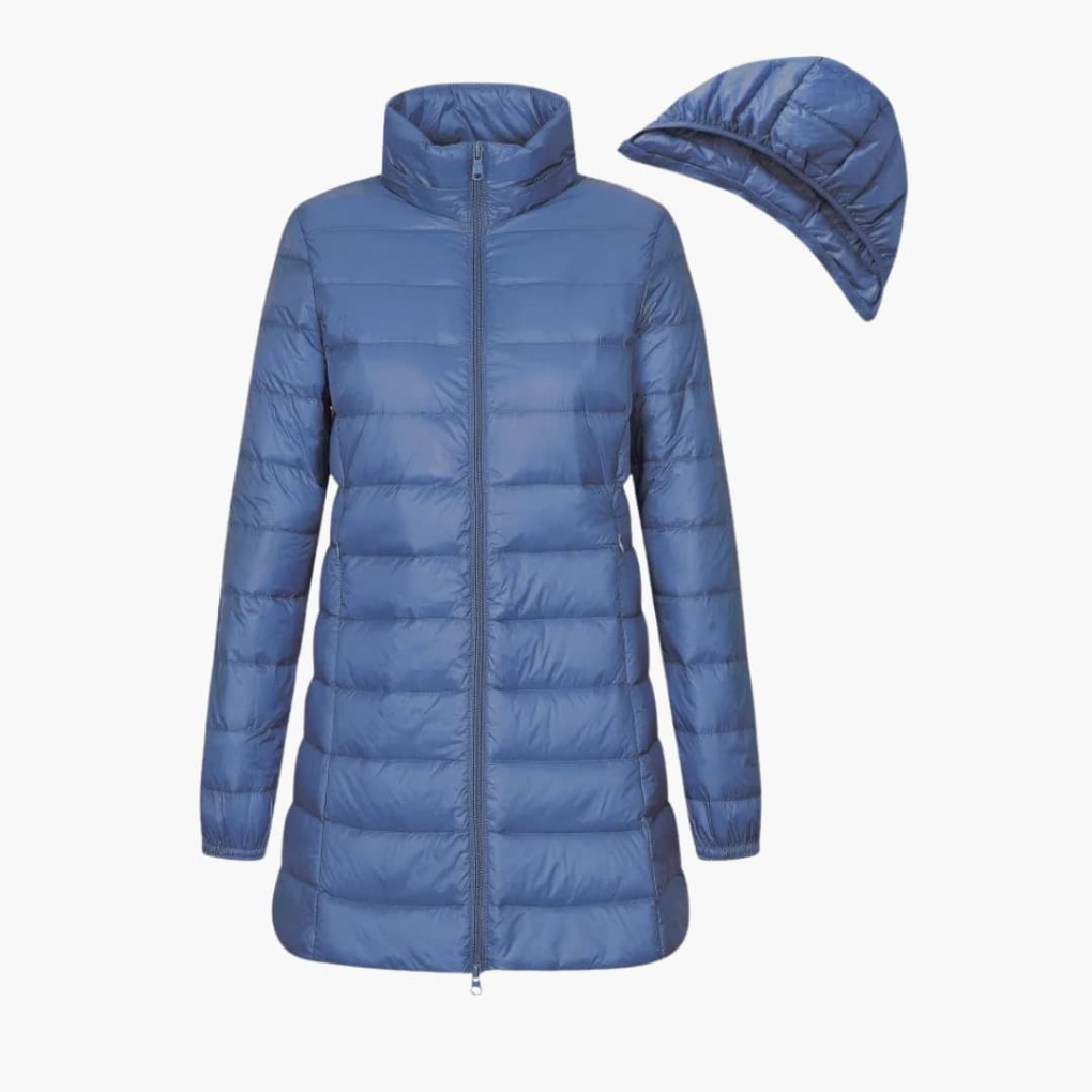 Warm women's long winter jacket with hood, offers cold weather protection and style.