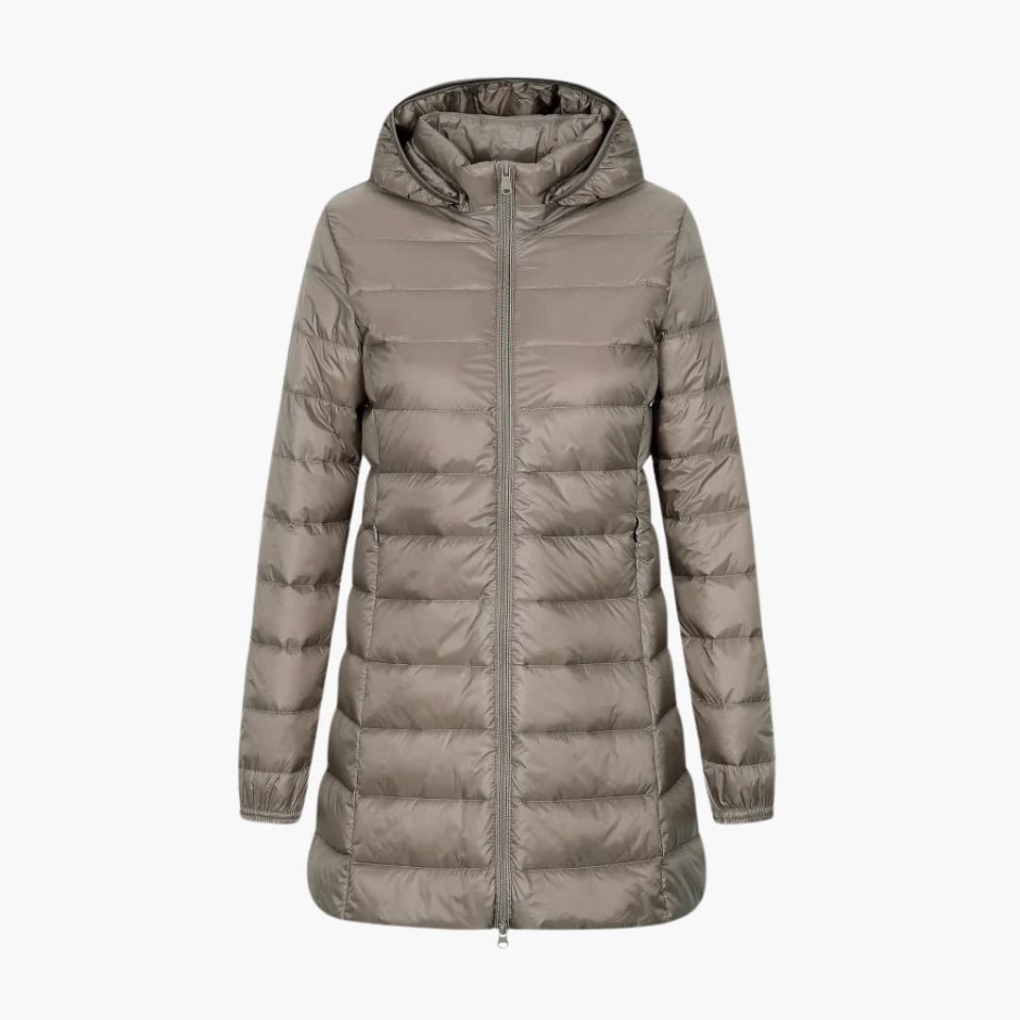 Stylish plus size women's long quilted winter coat, warm and comfortable for cold weather.