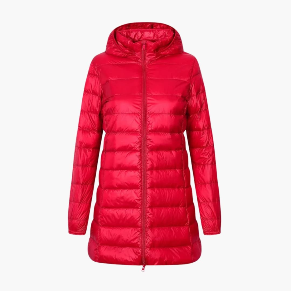 Cozy women's hooded long winter jacket, essential fall/winter cold weather outerwear.