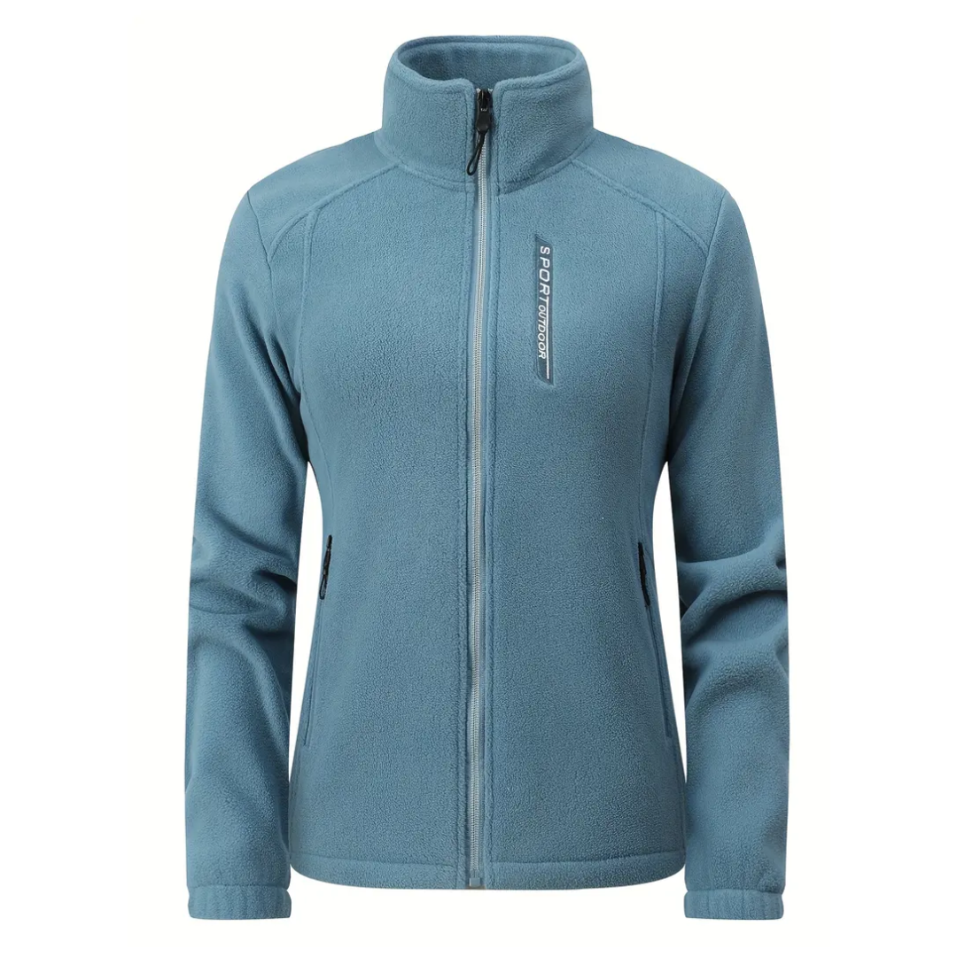 Full view of women's warm outdoor jacket. Plush-lined fleece, zip-up, long sleeve for autumn & winter comfort.