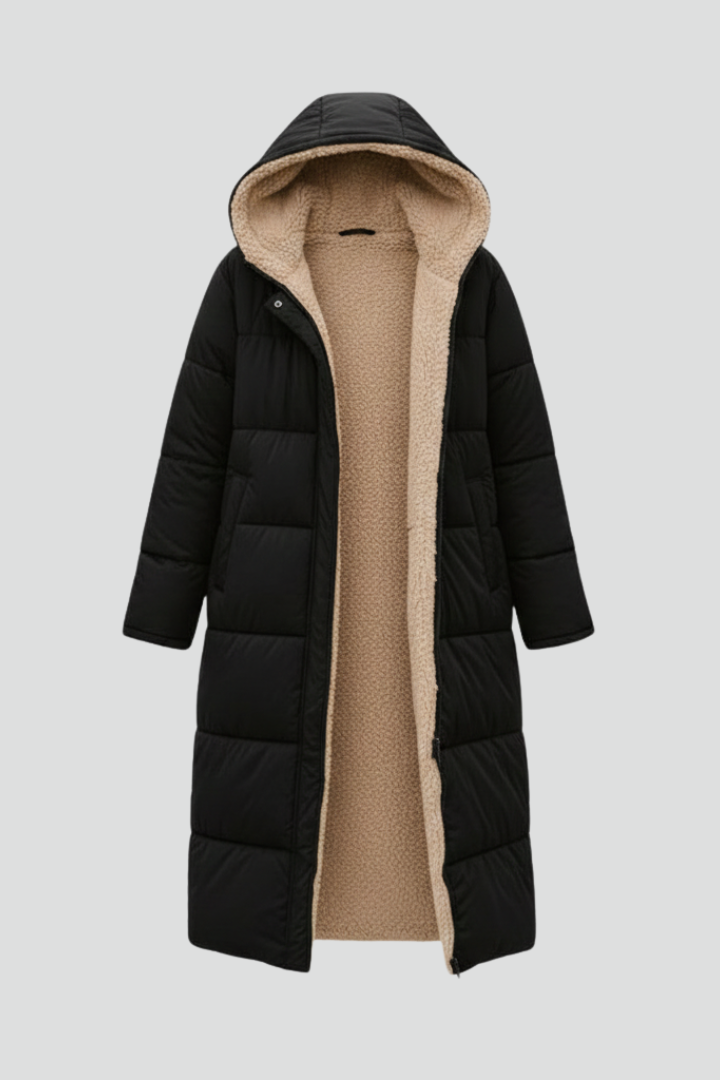 Women's warm quilted long coat with hood, full-zip, ideal winter outerwear for cold weather.