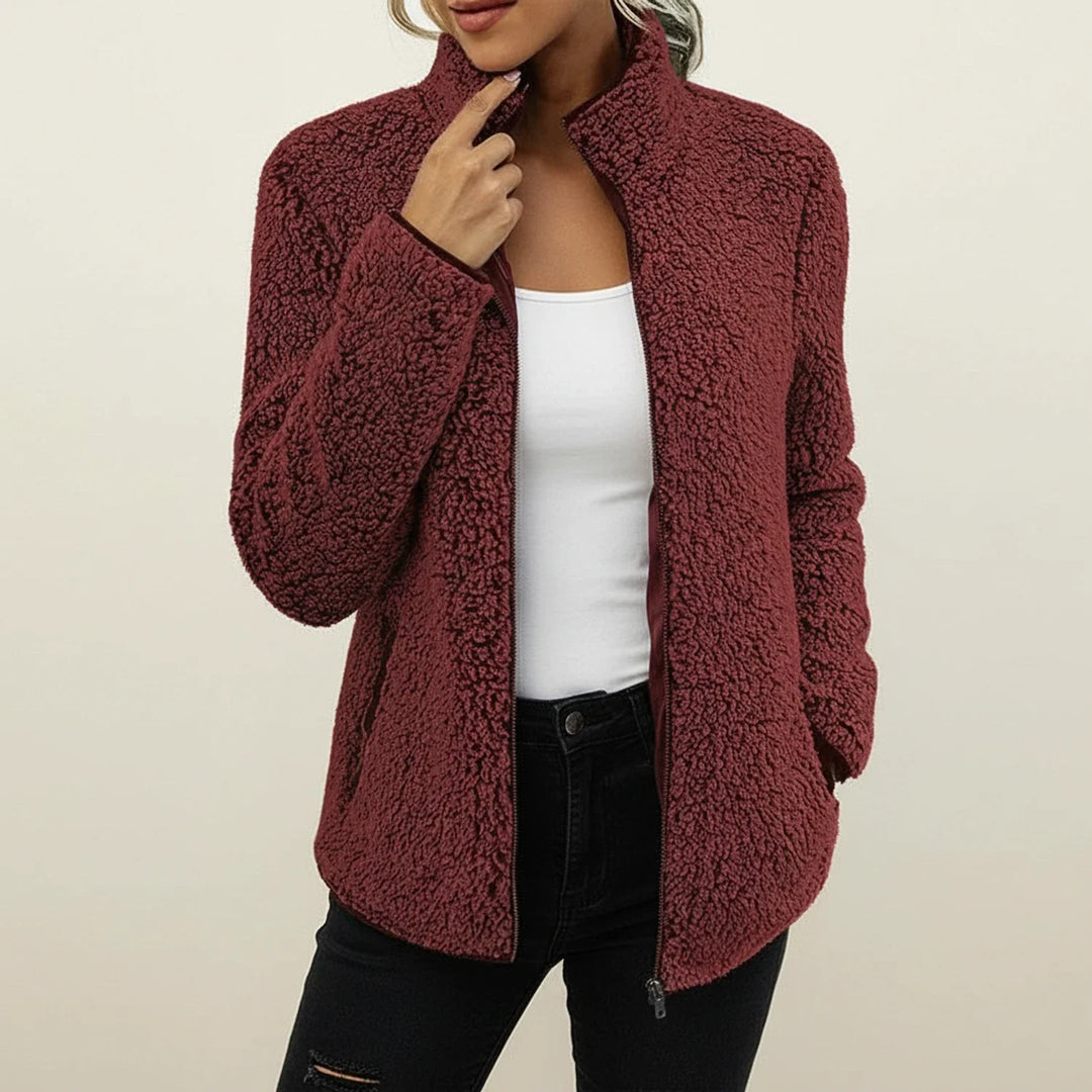 Women's warm winter jacket, cozy zip-up outerwear with stand collar for everyday casual style.