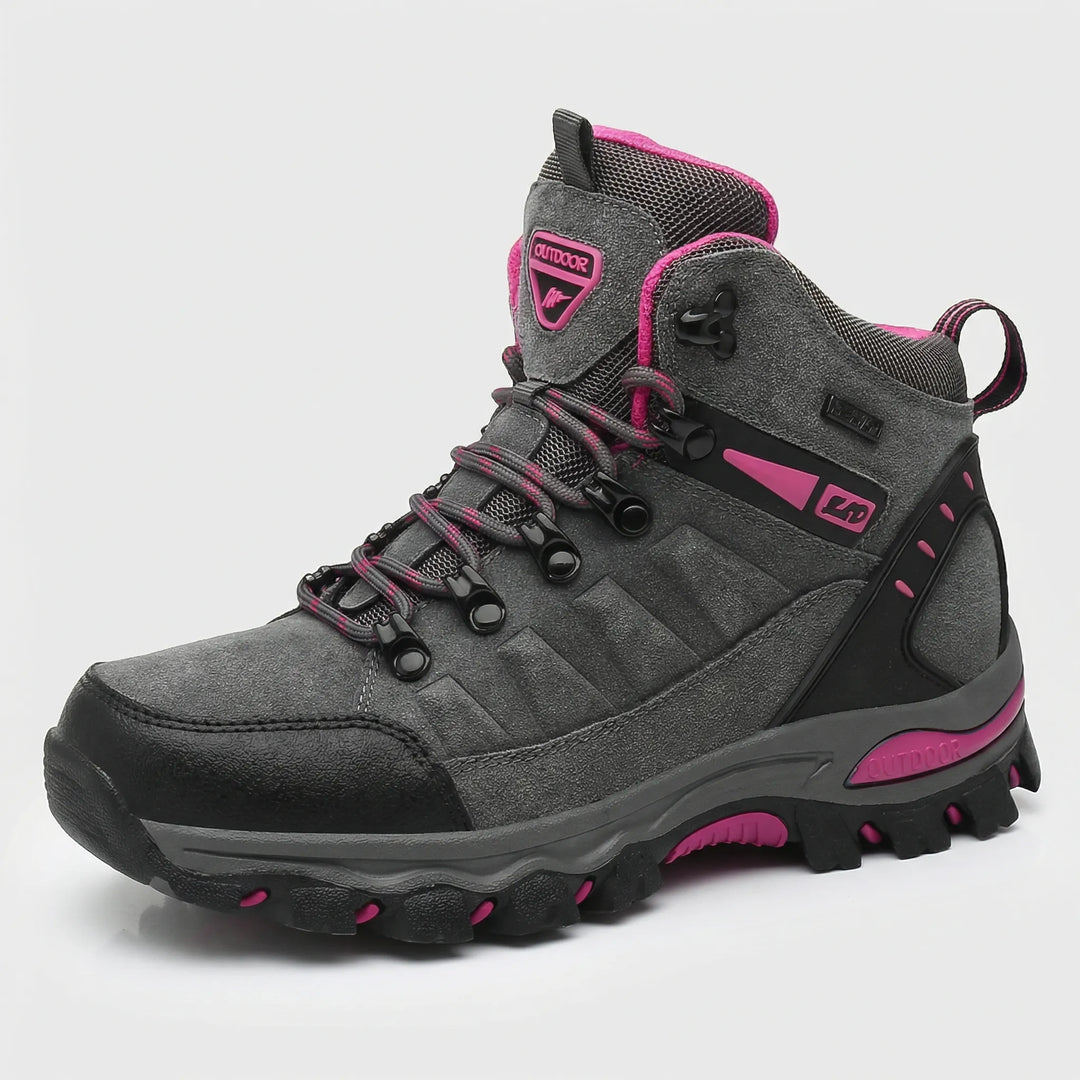 Water-repellent women's hiking boots for comfortable all-day trail adventures, featuring rugged soles & support.