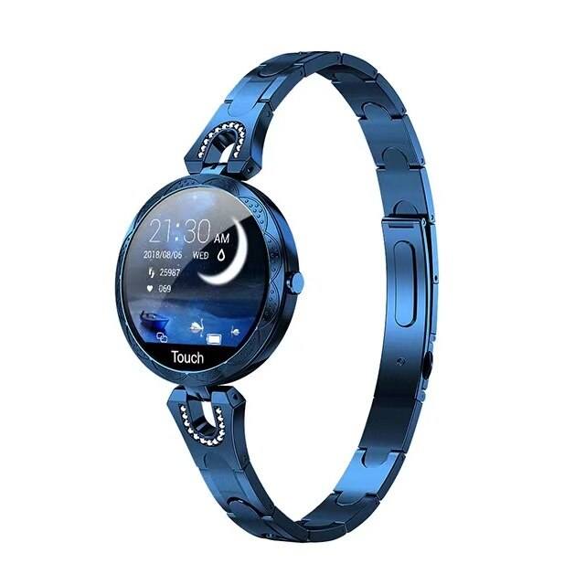 Women's waterproof fitness smartwatch with pulse monitor, activity tracker, and notifications for active lifestyles.