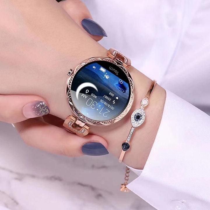 Waterproof women's fitness smartwatch, perfect for tracking workouts, heart rate, and steps during any activity.