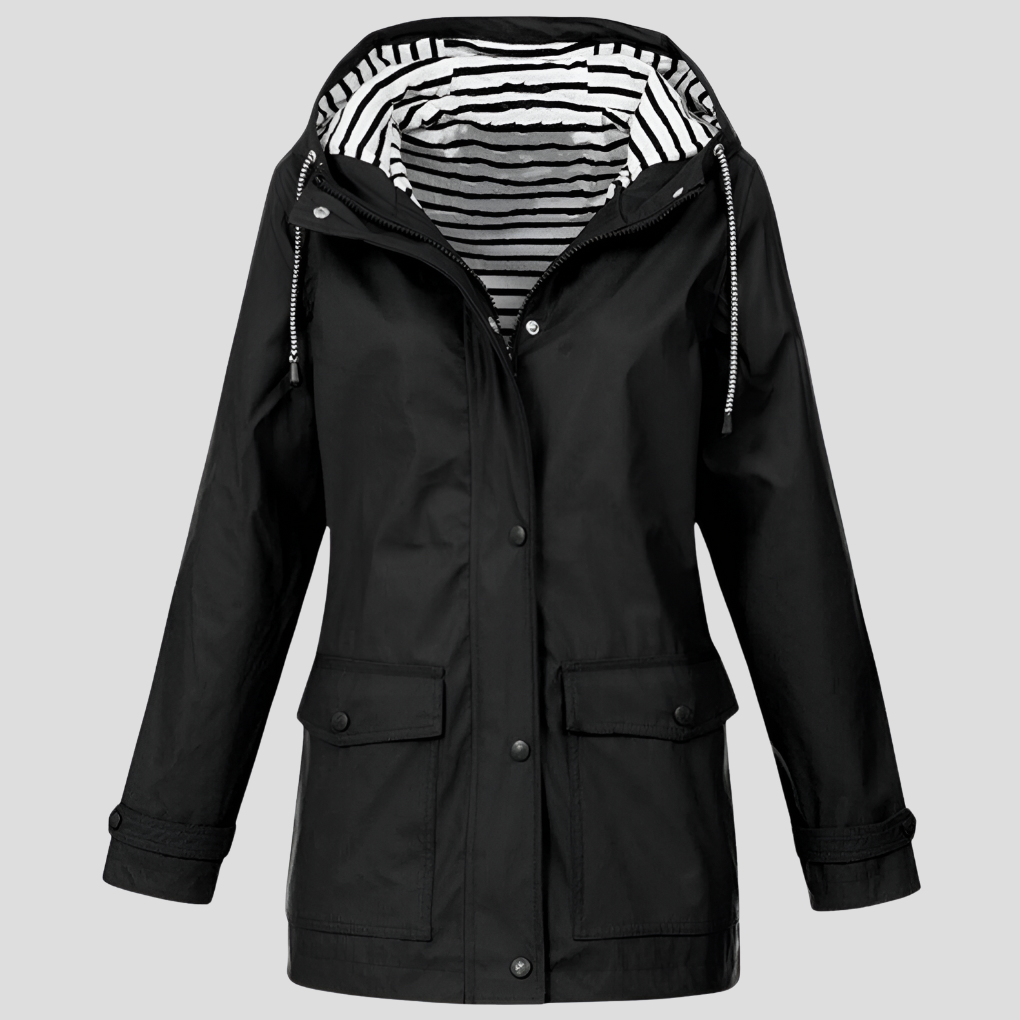 Stylish women's lightweight hooded rain jacket for all-weather protection. Perfect casual outerwear with pockets.