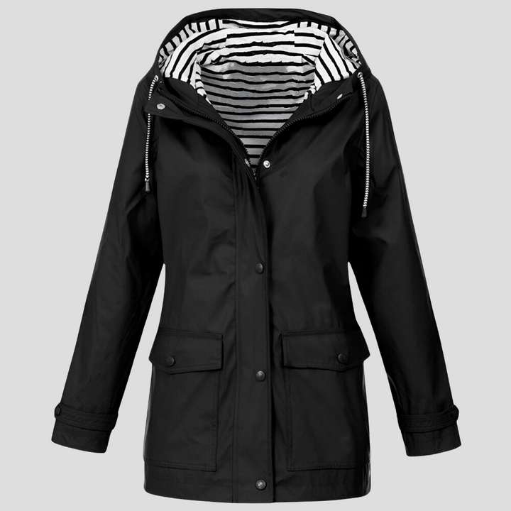 Stylish women's lightweight hooded rain jacket for all-weather protection. Perfect casual outerwear with pockets.
