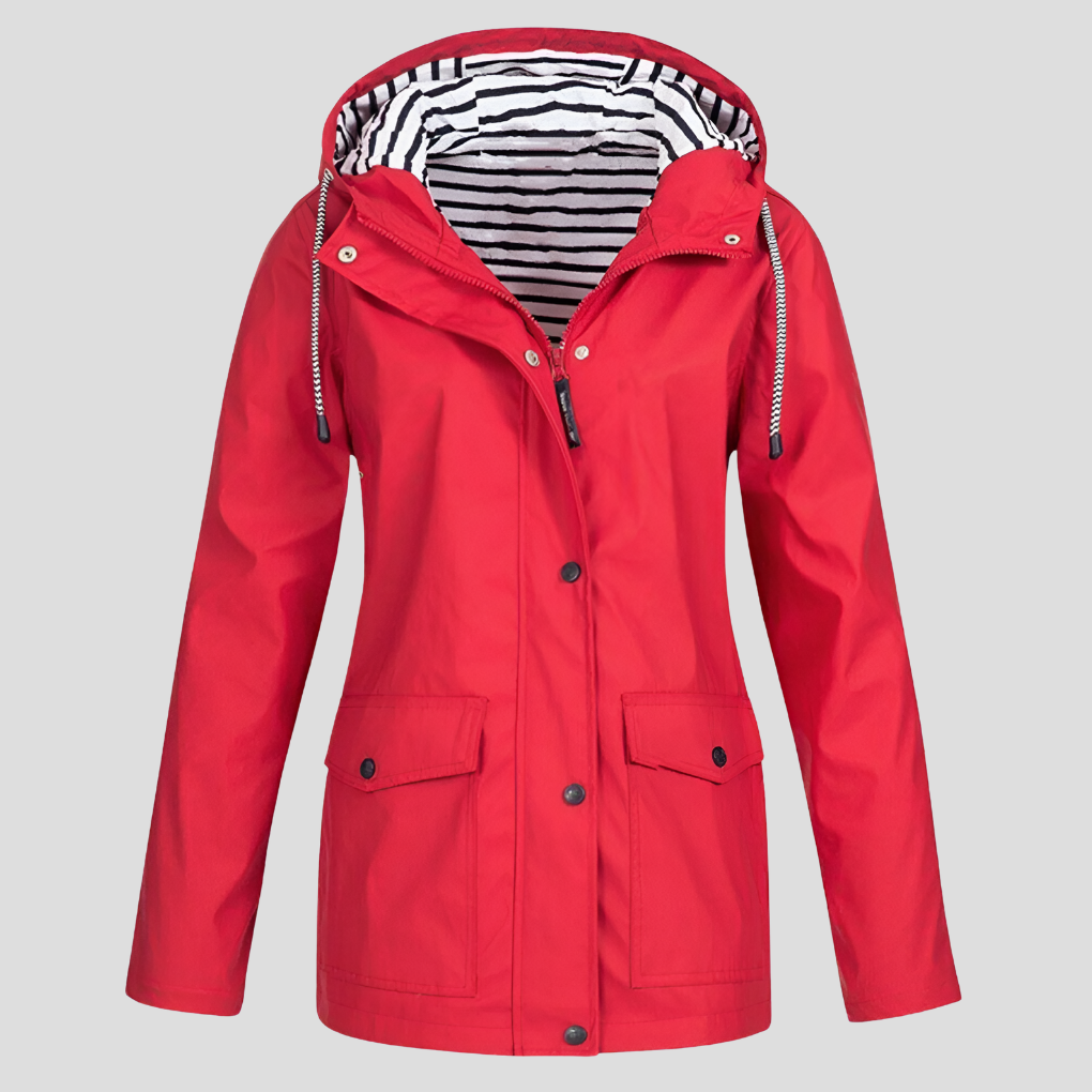 Comfortable women's winter rain jacket, hooded & waterproof, designed for outdoor activities & everyday style.