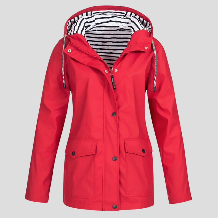 Comfortable women's winter rain jacket, hooded & waterproof, designed for outdoor activities & everyday style.