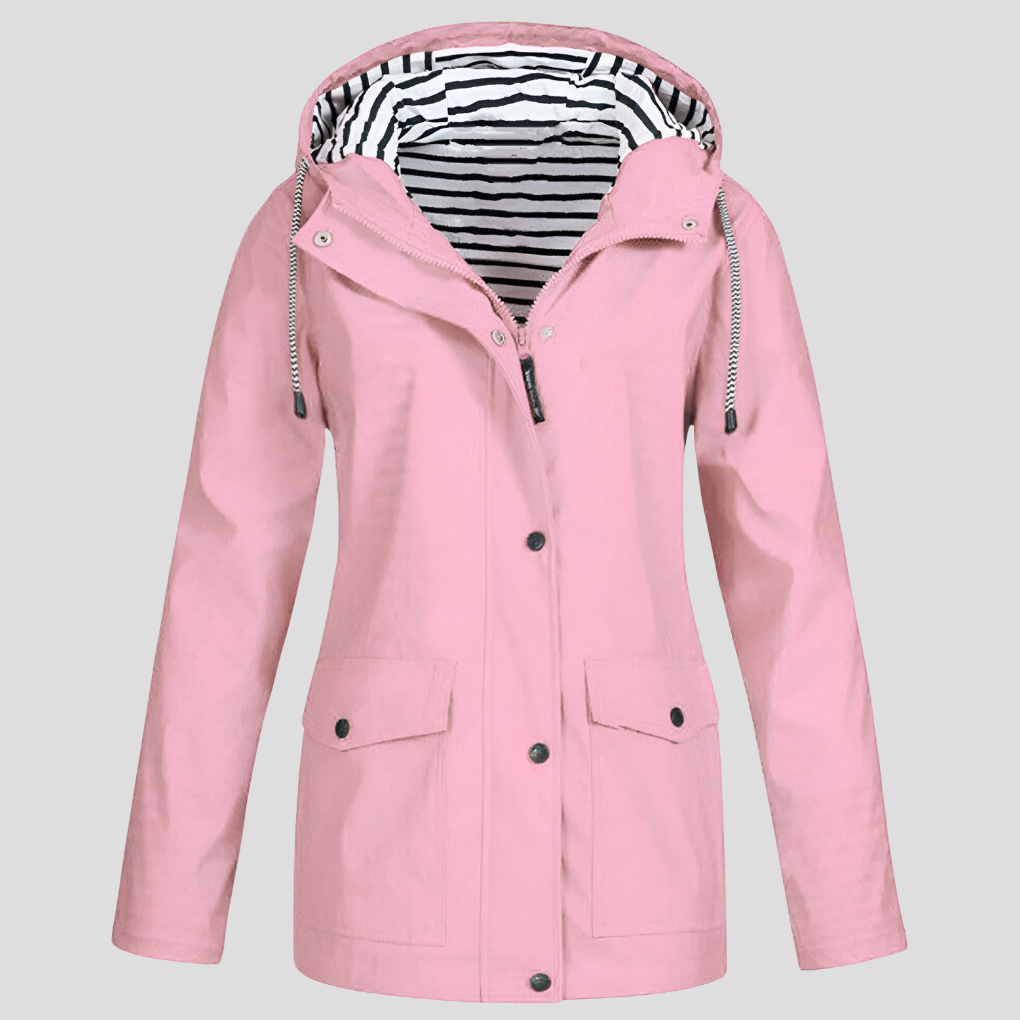 Women's all-weather hooded jacket, waterproof & lightweight. Stylish outerwear perfect for rain or wind.