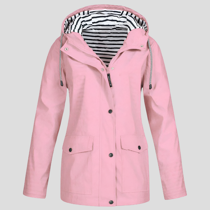 Women's all-weather hooded jacket, waterproof & lightweight. Stylish outerwear perfect for rain or wind.
