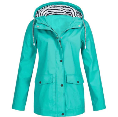 Women's waterproof hooded rain jacket ensures all-weather protection. Lightweight and durable for everyday wear.
