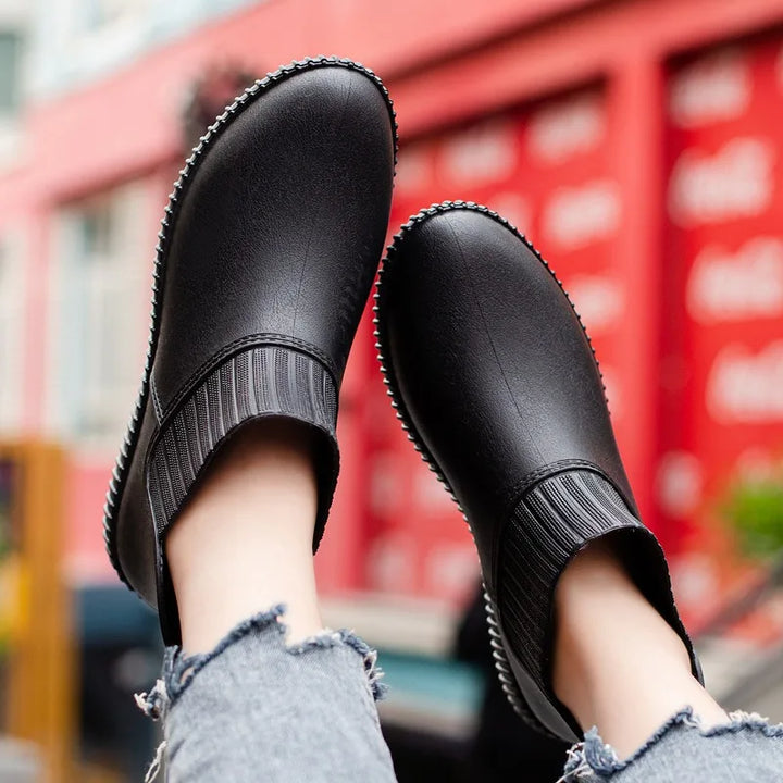 Fashionable women's rain ankle boots, waterproof, with knitted comfort and durable non-slip sole.