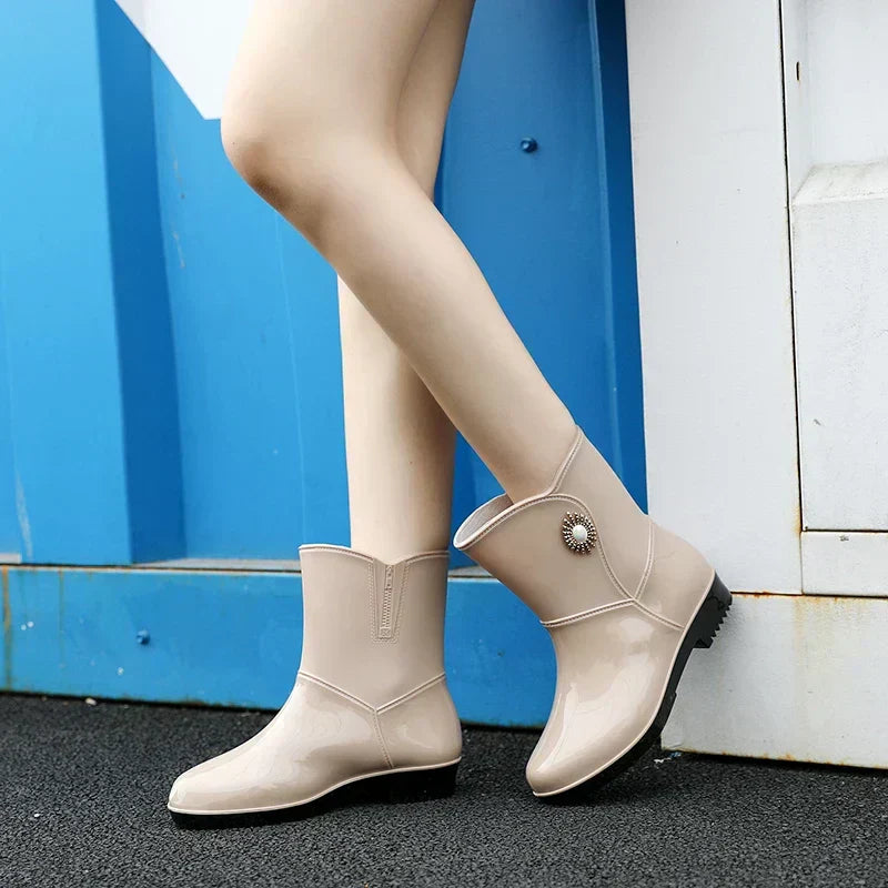 Fashionable women's waterproof rain boots. Floral design, treaded sole for grip & comfort in wet weather.