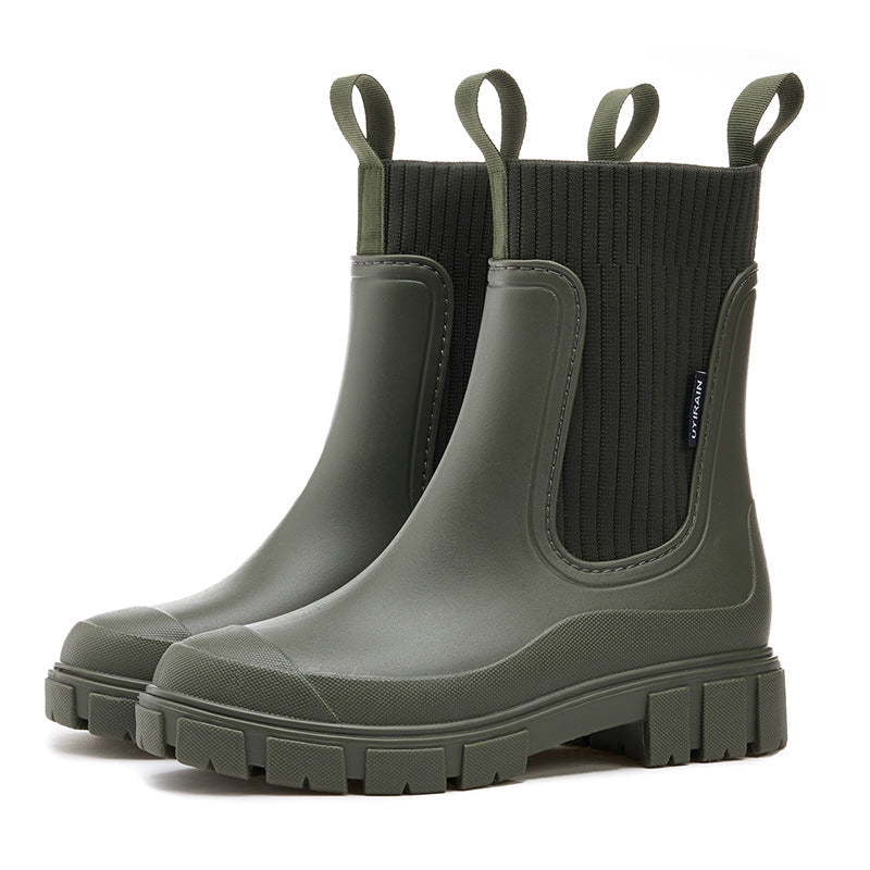 Comfortable women's outdoor rain boots with thick anti-slip tread sole for durable wear.