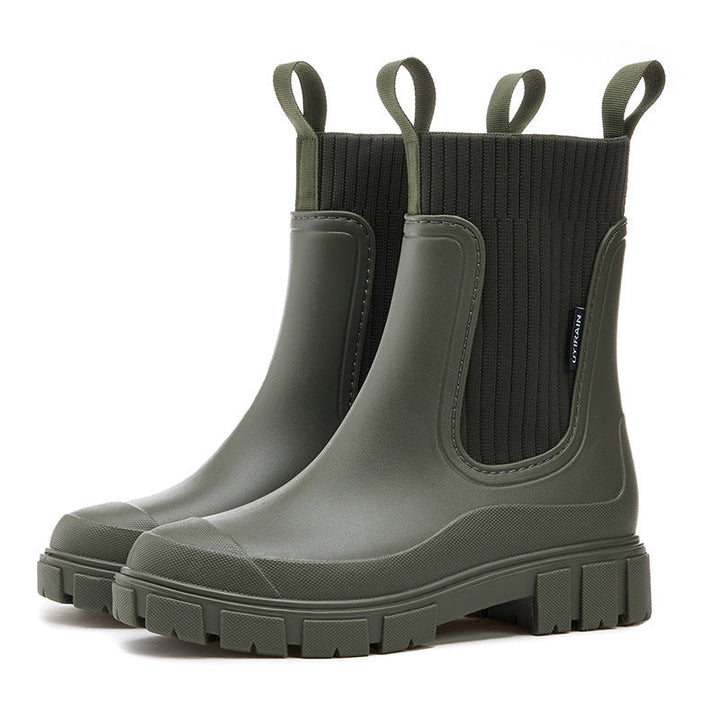 Comfortable women's outdoor rain boots with thick anti-slip tread sole for durable wear.