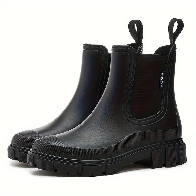 Autumn fashion: women's waterproof black Chelsea boots with lug sole, easy slip-on comfortable wear