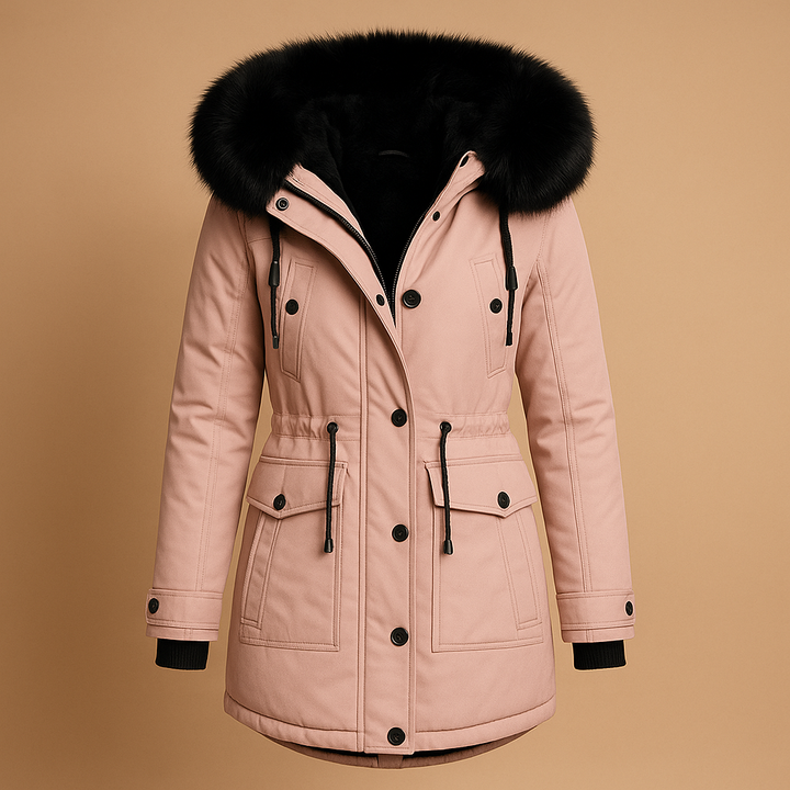 Stylish women's long winter coat, waterproof and insulated, featuring a chic faux fur hood for cold weather.