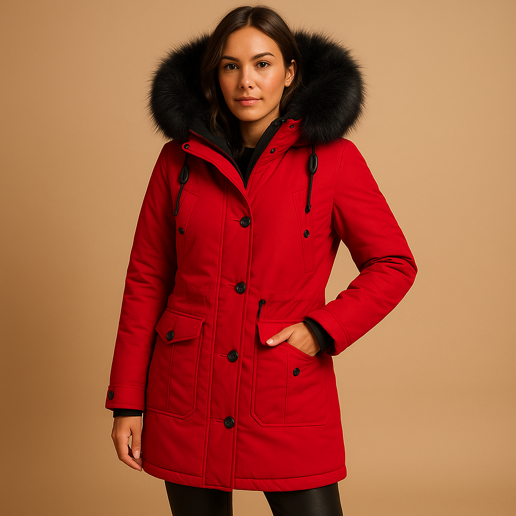 Close-up of a women's waterproof winter coat showing luxurious faux fur hood and durable fabric.