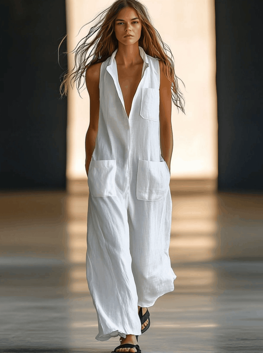 Relaxed fit women's sleeveless wide-leg jumpsuit in retro style. Comfortable one-piece summer fashion.