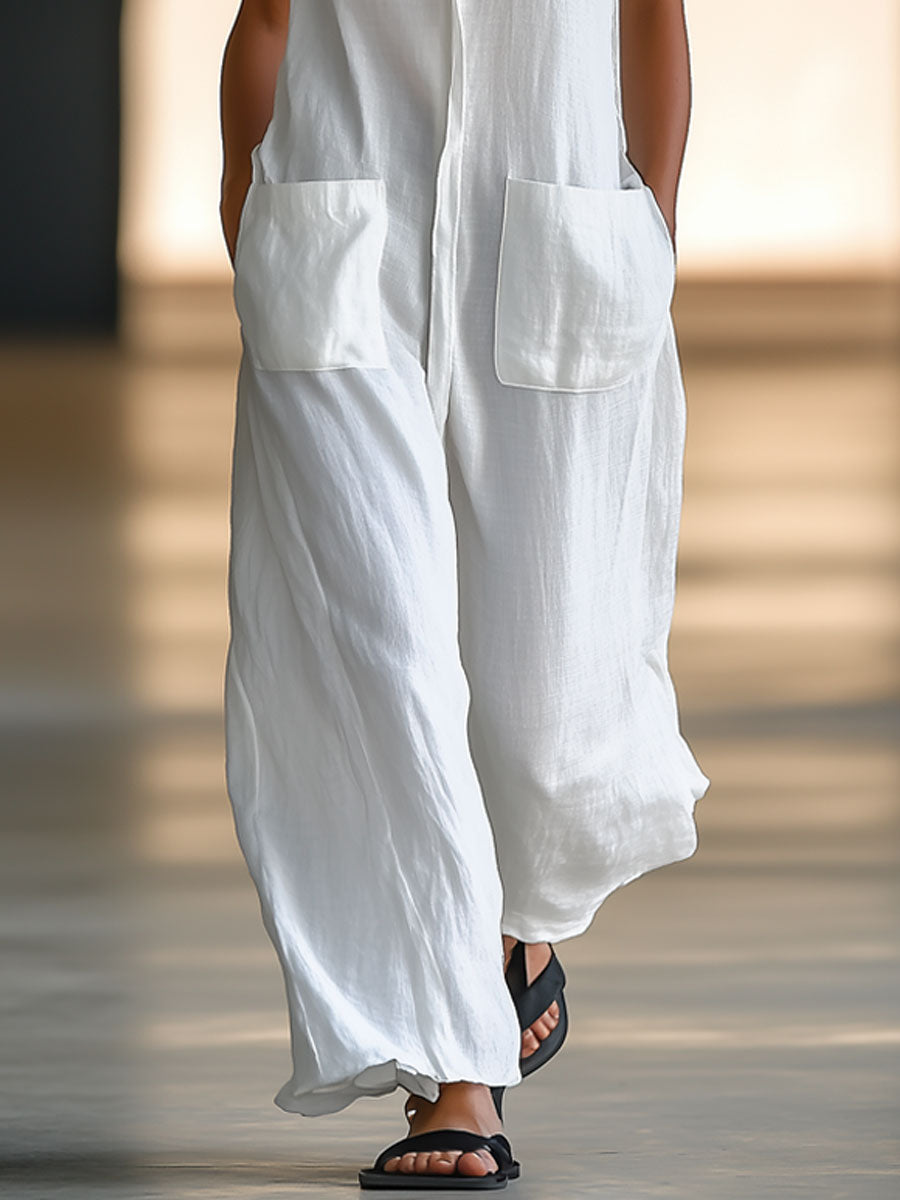 White casual women's sleeveless wide-leg jumpsuit, offering a relaxed fit and easy style for summer days.