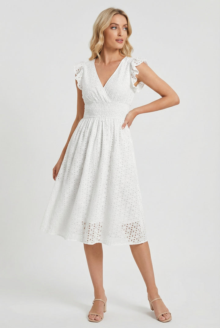 Elegant women's eyelet midi dress, flared skirt, ruffled short sleeves for effortless wear.