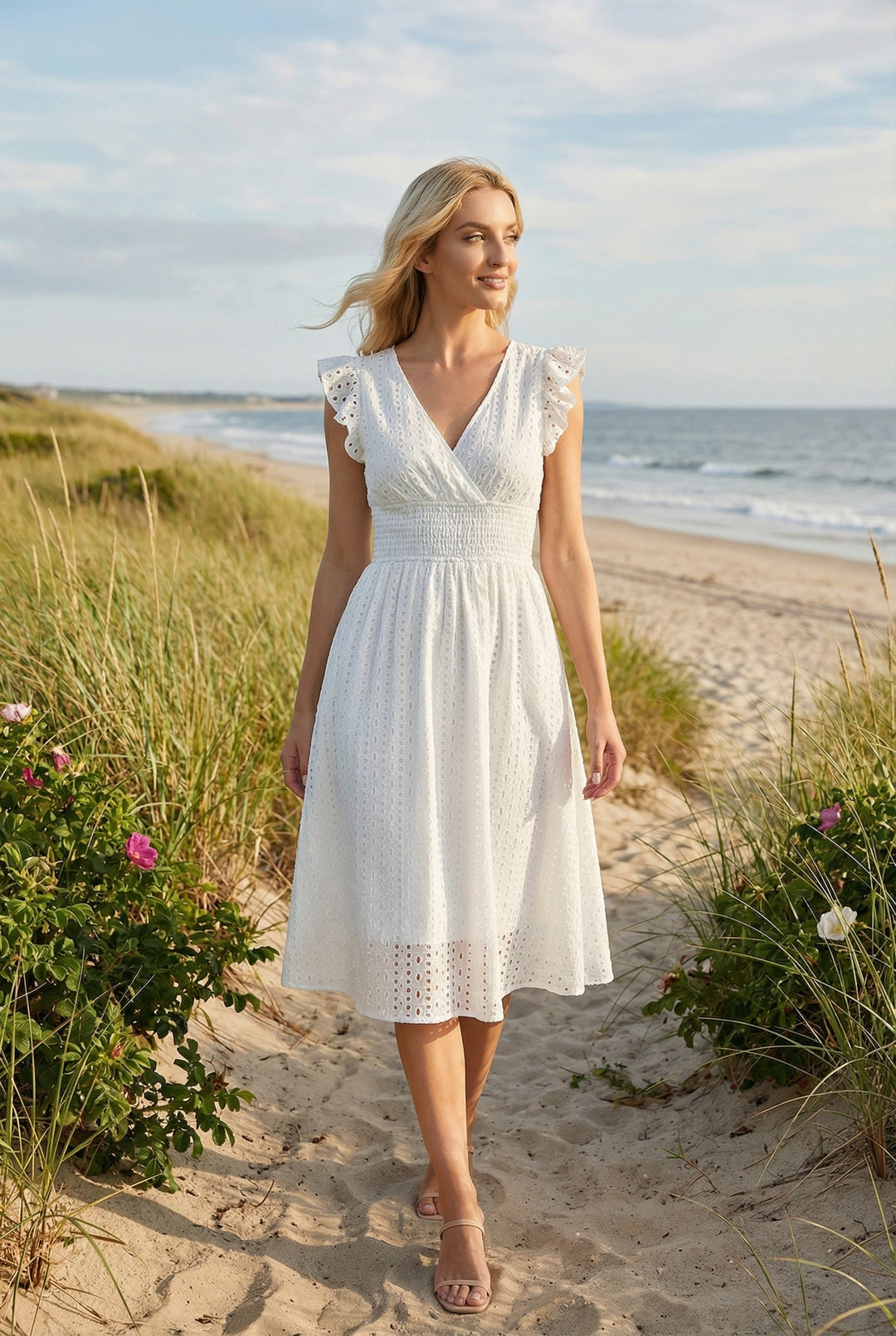 Flared eyelet midi dress for women, with delicate ruffled sleeves, ideal for beach or vacation.