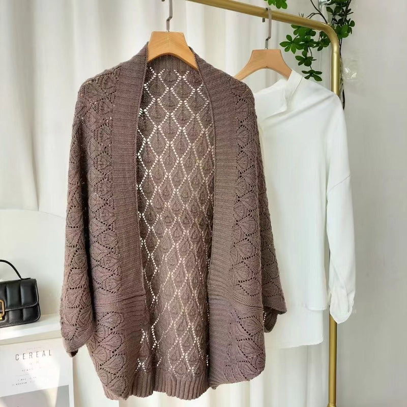 Versatile women's short shawl cardigan with diamond hollow knit, great for layering.