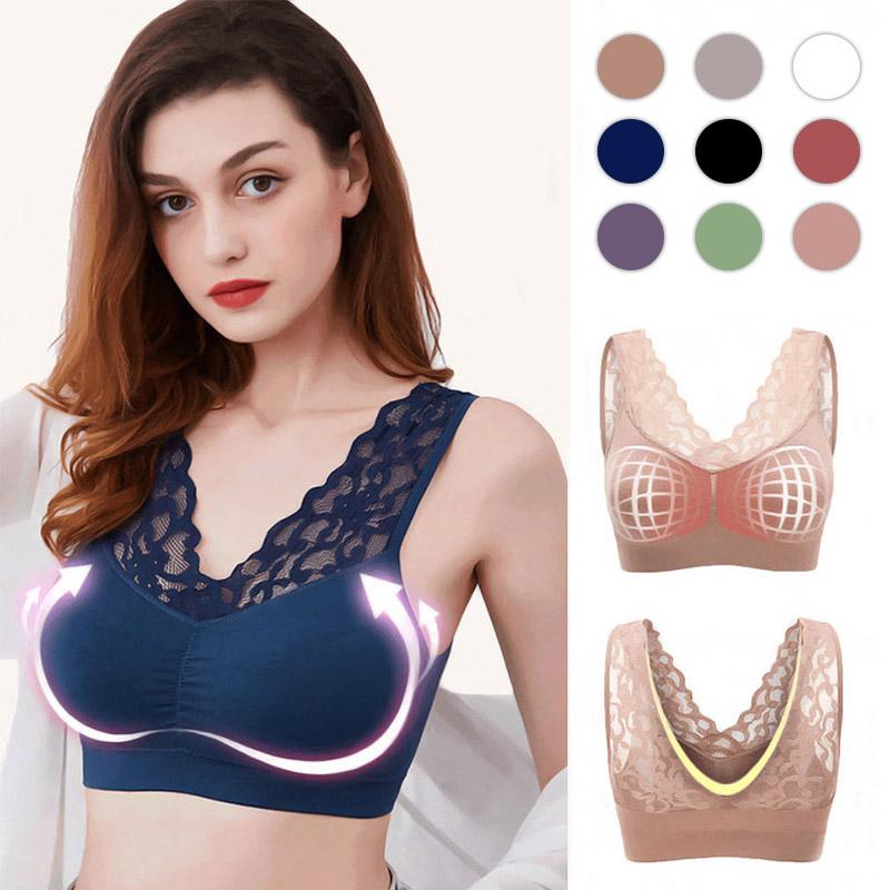 Breathable women's black lace sports bra with push-up design for comfortable athletic support