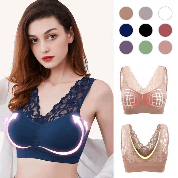 Breathable women's black lace sports bra with push-up design for comfortable athletic support