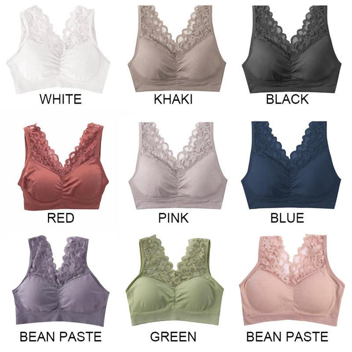 Pink wireless push-up sports bra with delicate lace, offering breathable comfort for active women