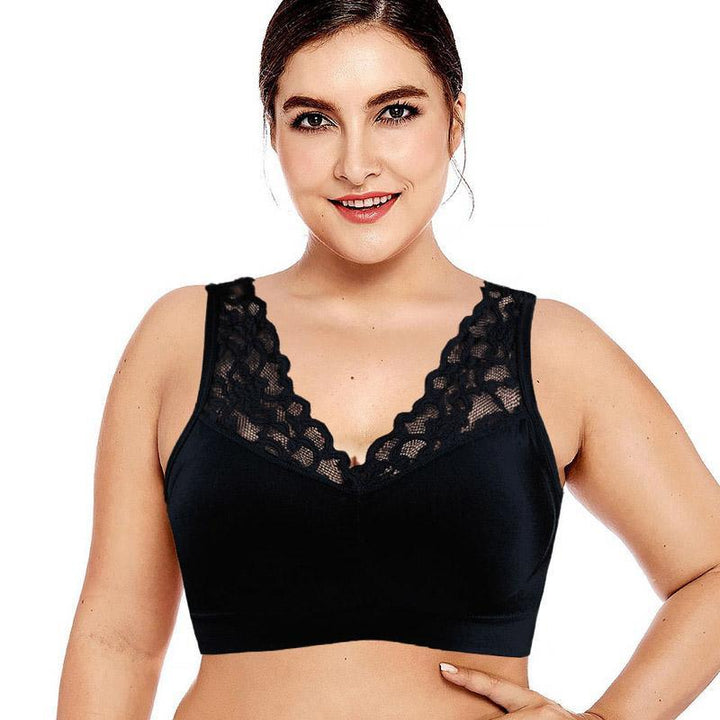Close-up of the lace detail on a breathable push-up sports bra for women's activewear