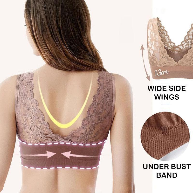 Back view of a breathable women's sports bra featuring lace and a push-up design for comfort