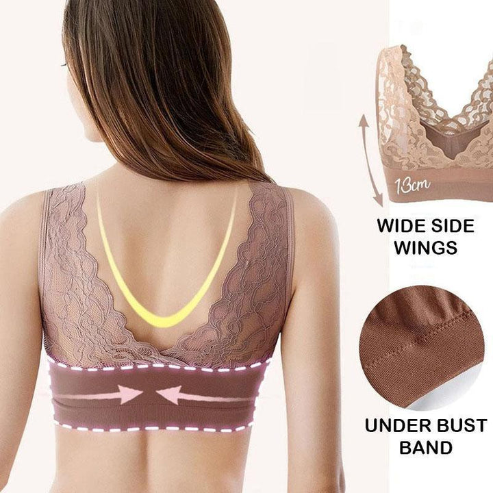 Back view of a breathable women's sports bra featuring lace and a push-up design for comfort