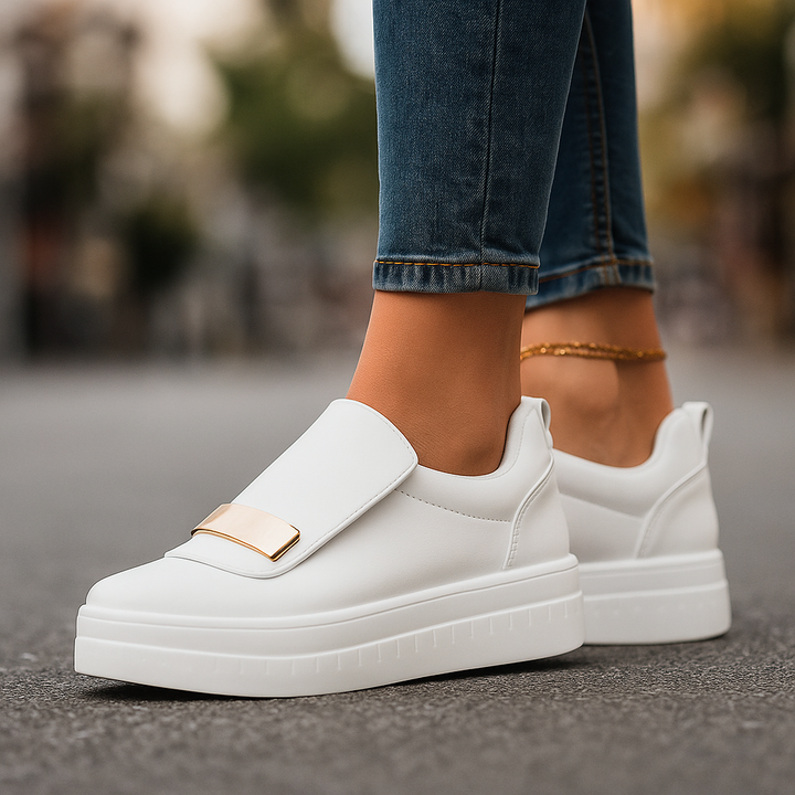 Women's white platform sneakers with gold accent, orthopedic insole for comfort.