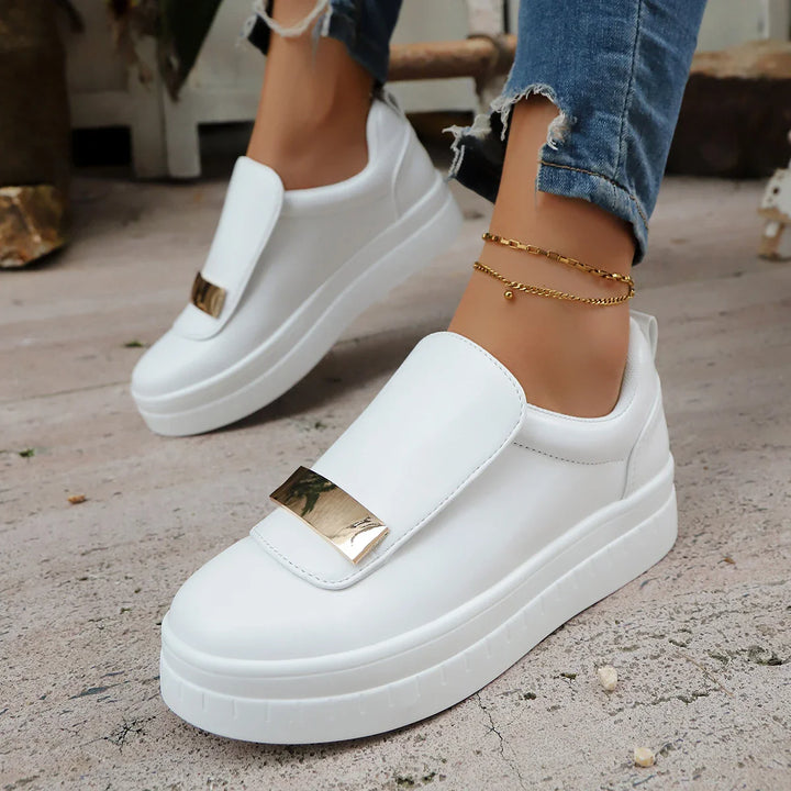 Stylish women's platform shoes with gold accent and orthopedic insole for all day comfort.