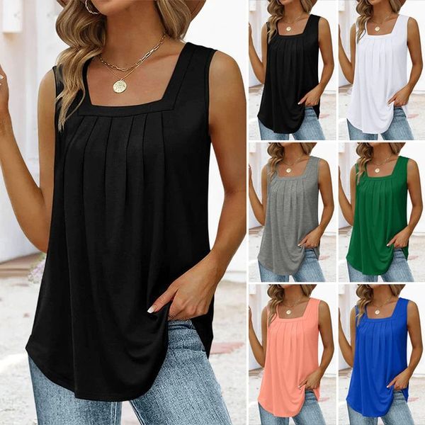 Women's white square neck sleeveless cotton tank top, shirred, perfect for casual summer wear