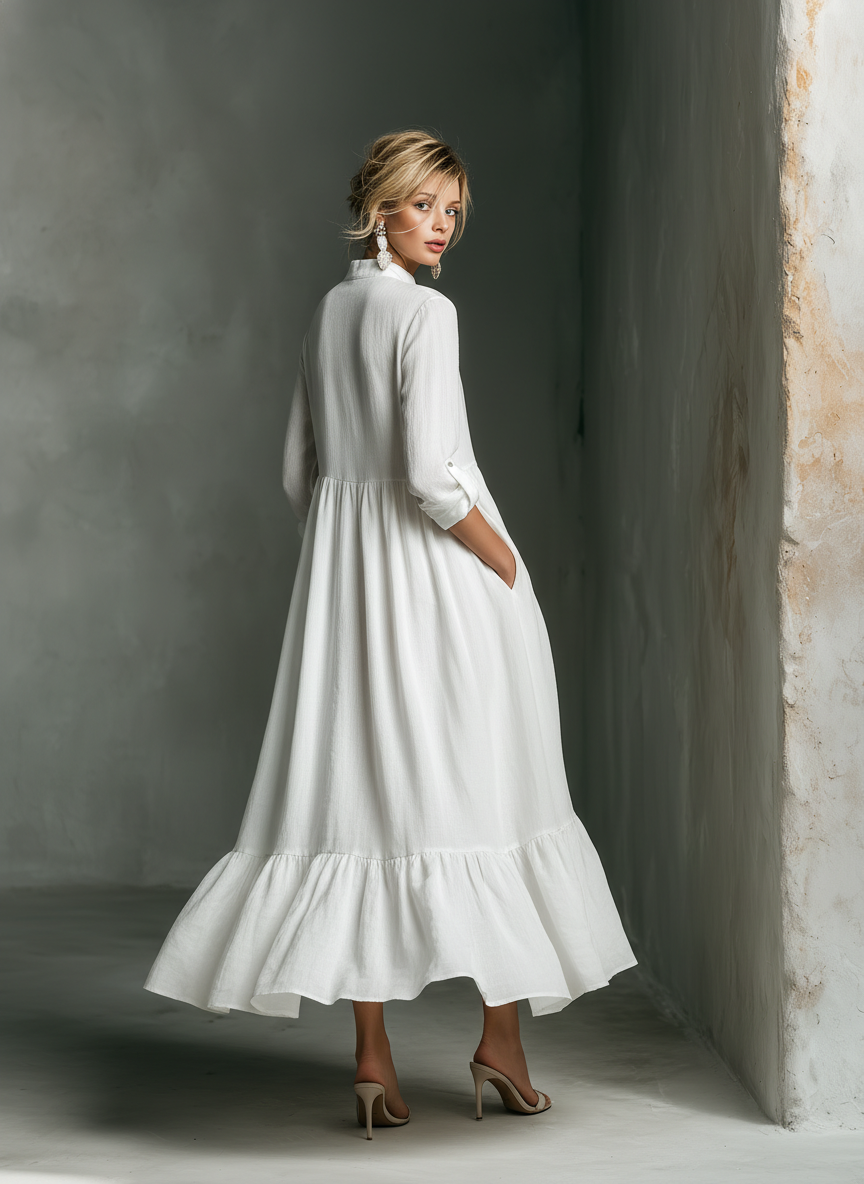 Stylish women's white tiered maxi dress, featuring a flattering stand collar, long sleeves, and a relaxed fit.