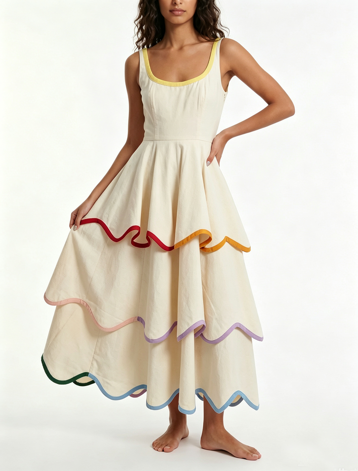 Women's white tiered maxi dress with vibrant rainbow trim. Perfect for summer, beach, or festival boho style.