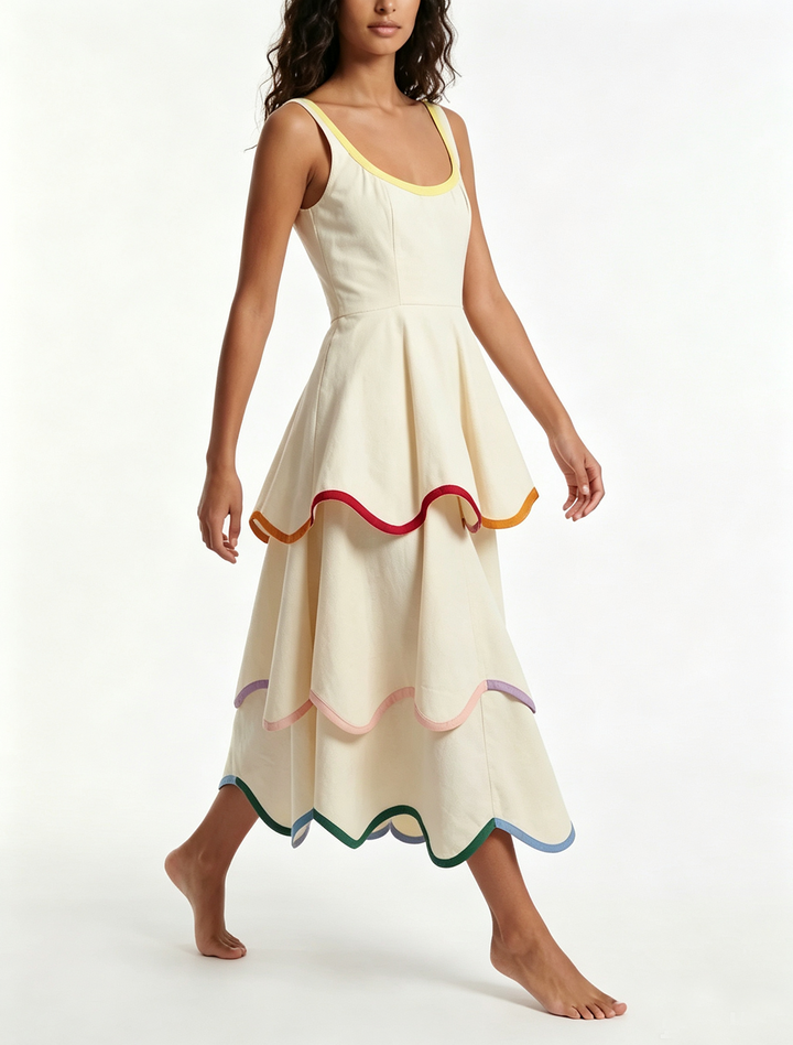 Effortless women's white sleeveless tiered maxi dress with playful rainbow ruffle trim. Ideal for summer parties.