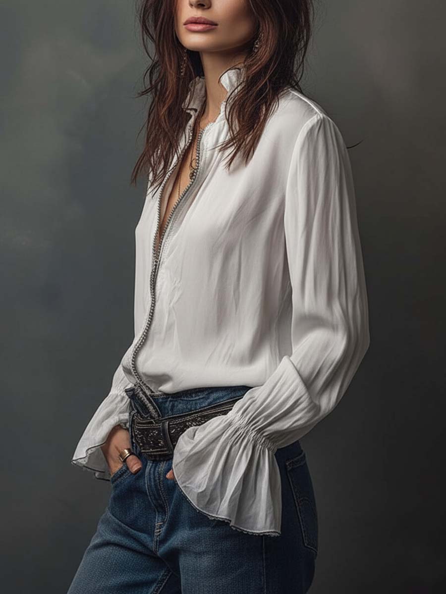 Elegant white zip-front women's blouse with bell cuffs; ideal for office wear or chic casual outfits.