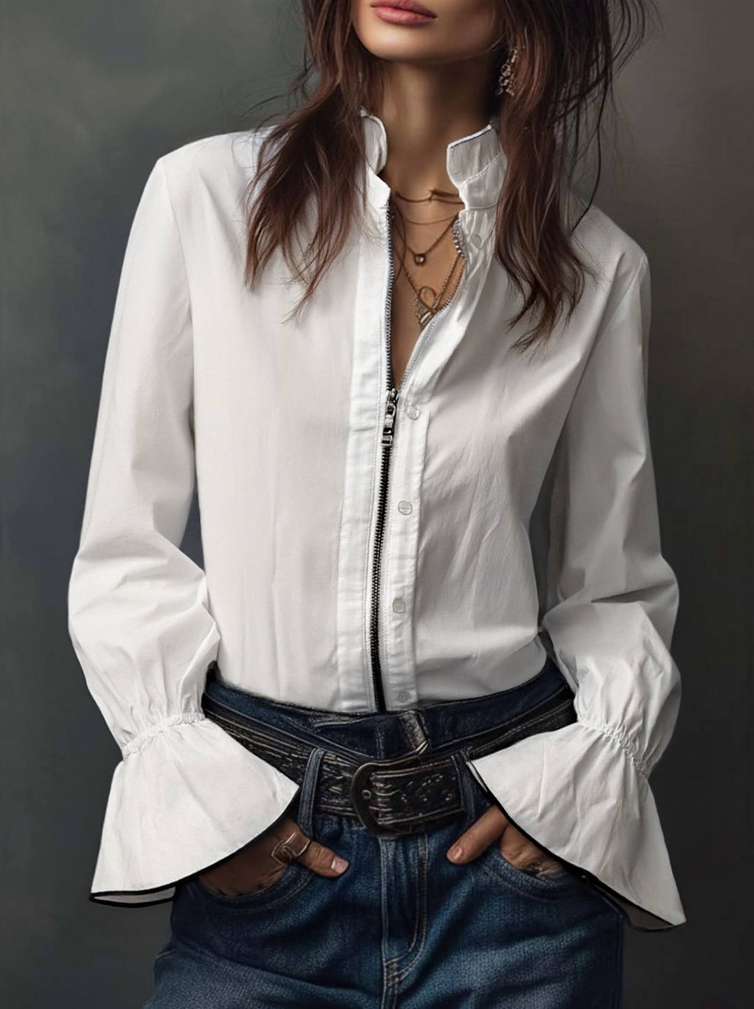 Modern white zip-front women's blouse with fashionable bell cuffs, a versatile elegant top for any wardrobe.