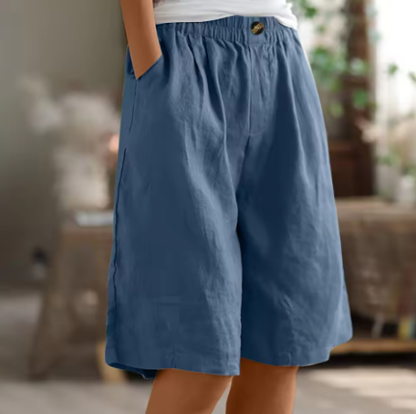 Fashionable women's summer shorts: wide leg, knee-length, and an elastic waist for comfort.