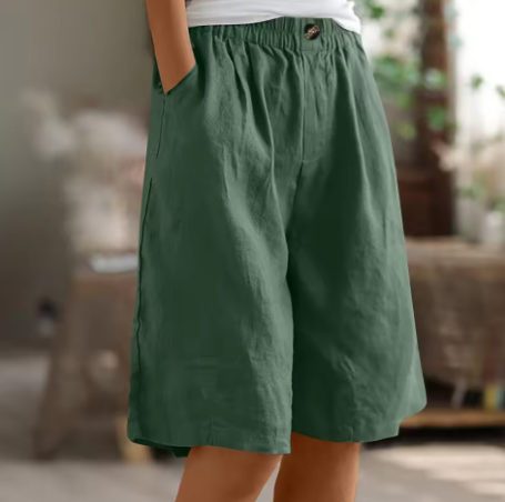 Front view of women's wide leg Bermuda shorts, showcasing the elastic waist and pockets.