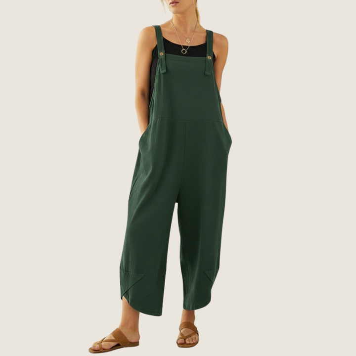 Modern women's wide leg cargo style overalls, offering a comfortable and stylish casual outfit. Perfect for spring.